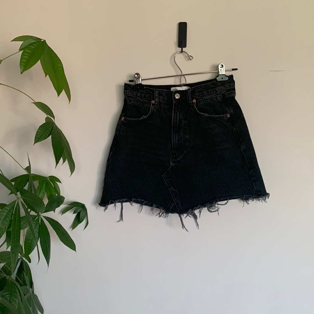Zara distressed black high waisted mini skirt